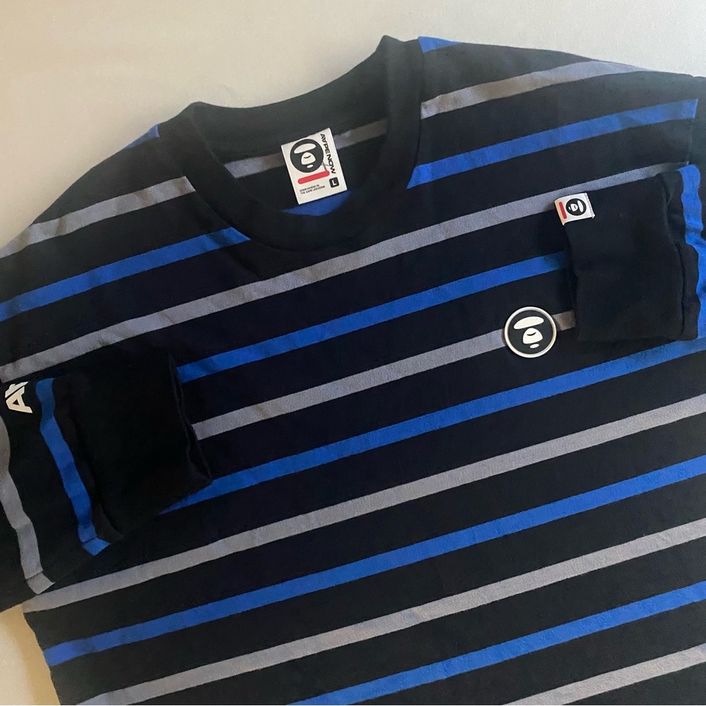 AAPENOW T-Shirt Men M Striped Logo Streetwear Hip-Hop Hype Beast Y2K Long Sleeve